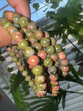 Natural Unakite Beaded Stretch Bracelet - Olive Green & Rust